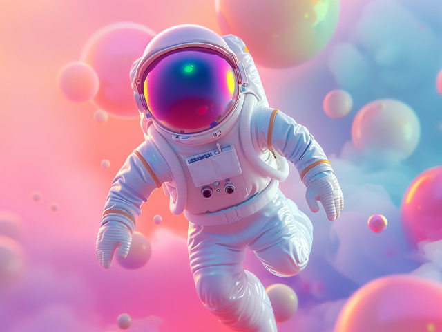 Астронавт в розовых пузырях 3д графика