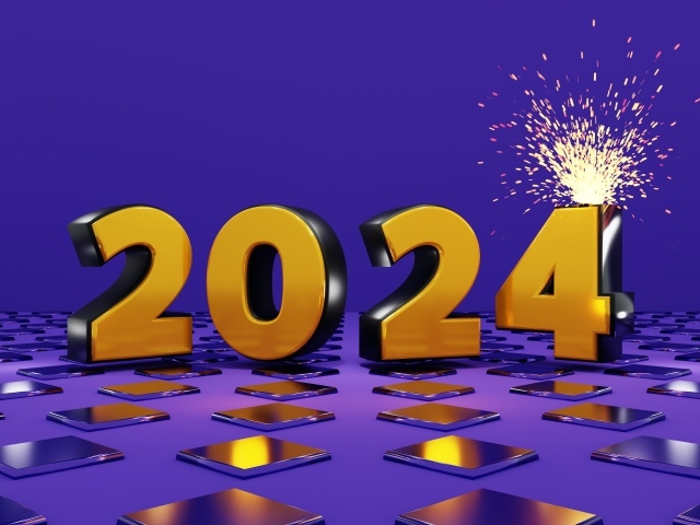 Яркие оранжевые цифры 2024 на фиолетовом фоне