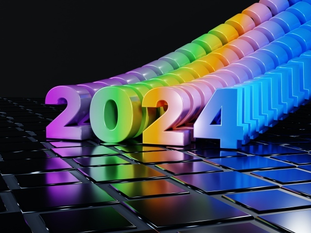Разноцветные цифры 2024 на черном фоне с квадратами