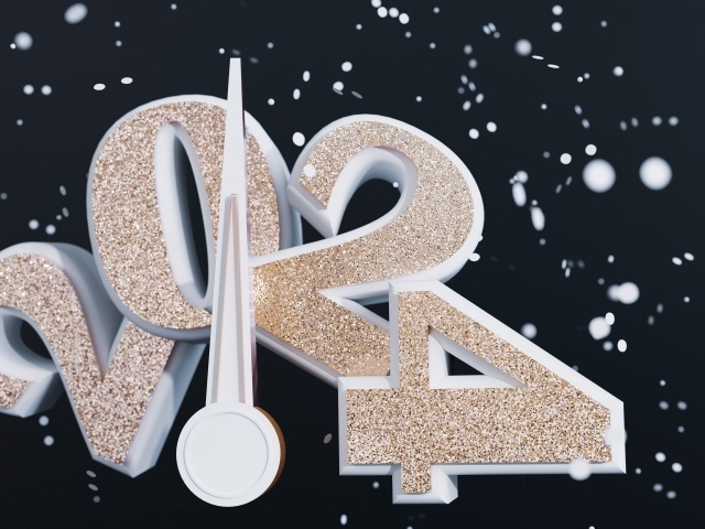 Блестящие цифры 2024 со стрелкой на черном фоне