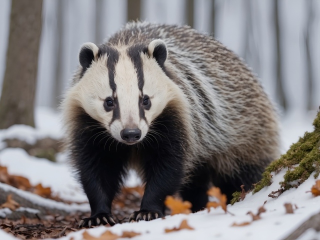 Большой барсук в заснеженном лесу