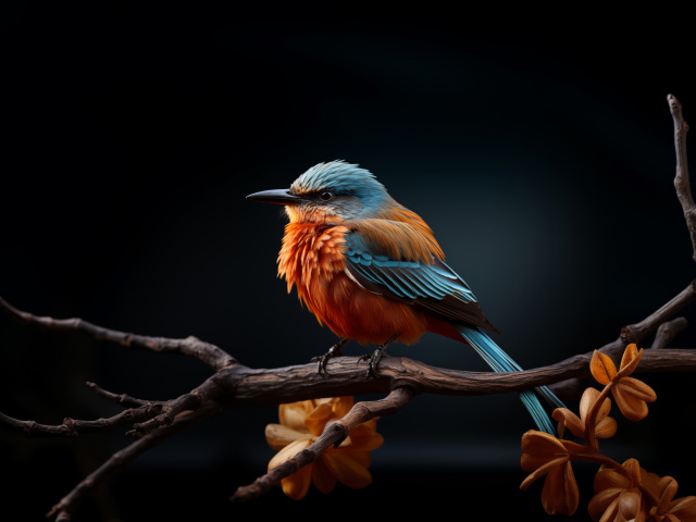 Птица зимородок сидит на ветке дерева на черном фоне