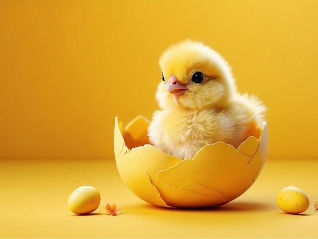Маленький желтый цыпленок в скорлупе