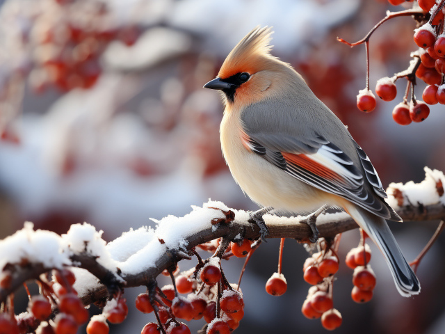 Птица свиристель на ветке с красными ягодами