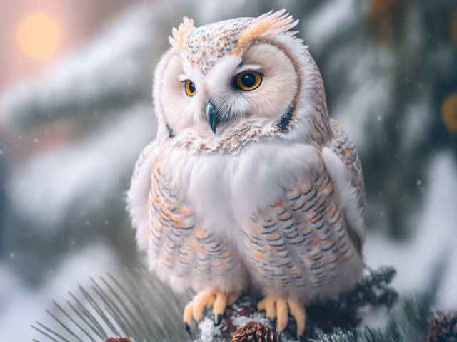 Белая сова сидит на заснеженной еловой ветке