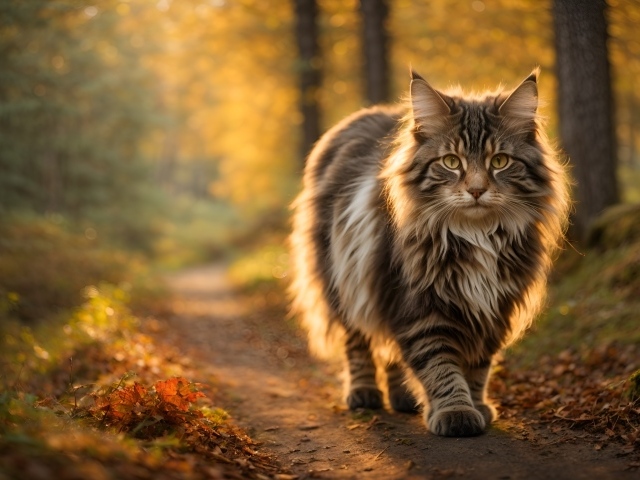 Большой пушистый кот идет по лесу