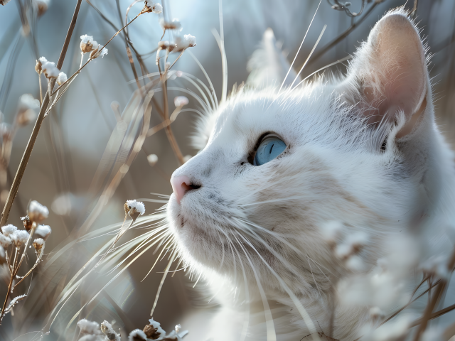 Красивый голубоглазый кот в траве