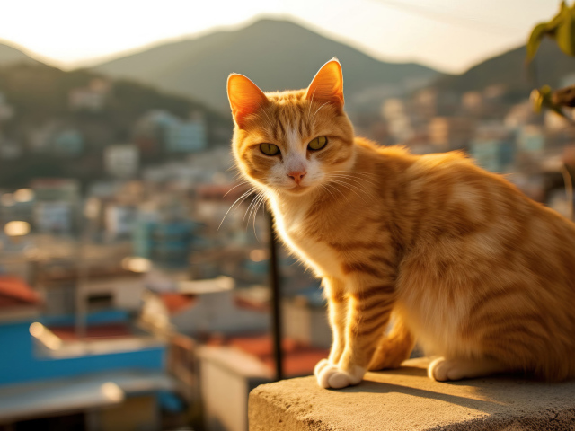 Красивый рыжий кот в лучах солнца
