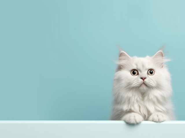Пушистый белый породистый кот на голубом фоне