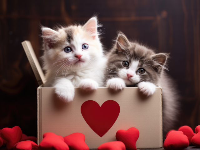 Два маленьких котенка в коробке с сердечками