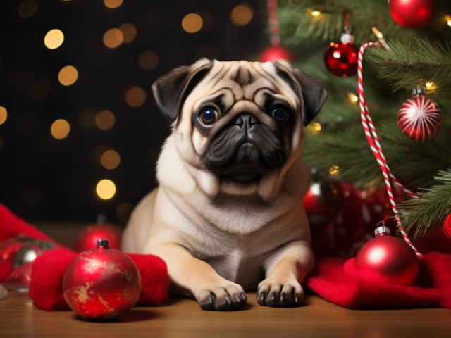 Мопс лежит у наряженой ели с красными шарами
