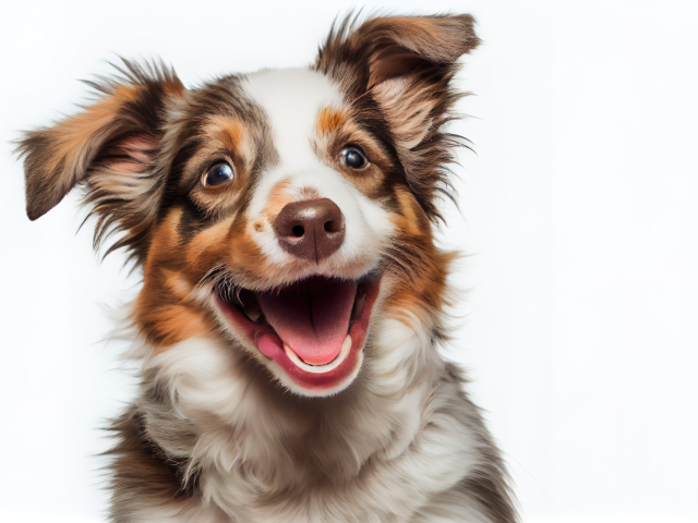 Веселый щенок с открытой пастью на белом фоне