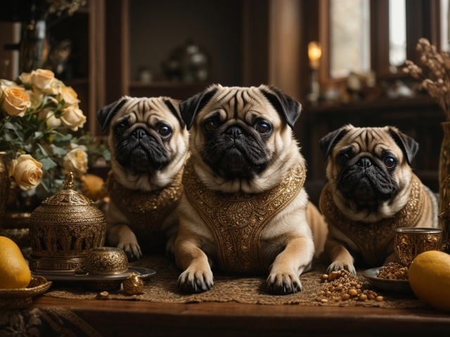 Три мопса в комнате за столом