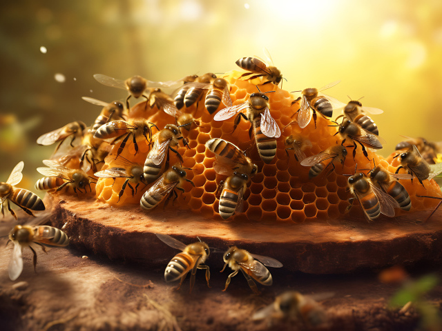 Рой пчел сидит на медовых сотах 