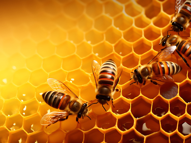 Пчелы сидят на сладких медовых сотах 