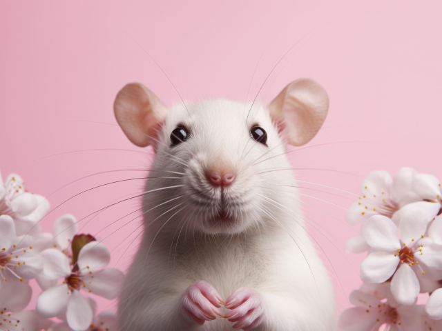 Белая крыса на розовом фоне с цветами