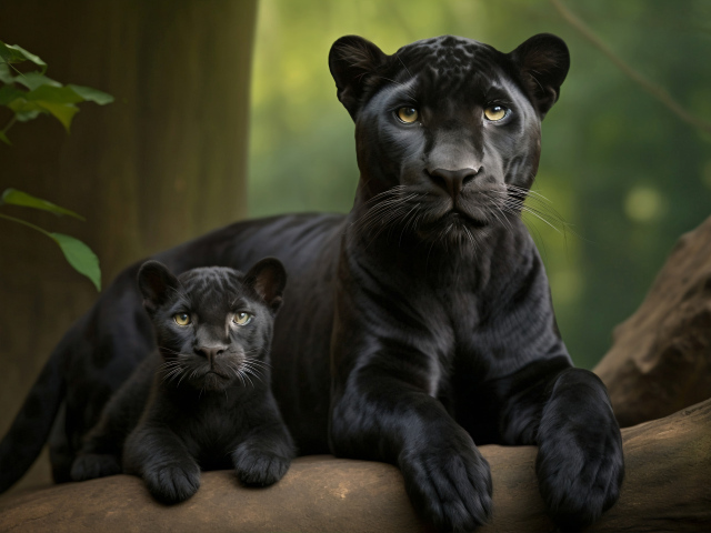 Большая черная пантера с детенышем