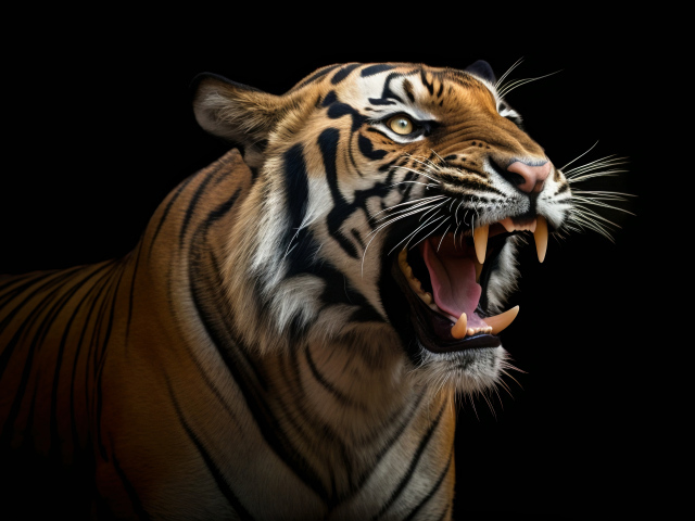 Острые клыки полосатого тигра на черном фоне