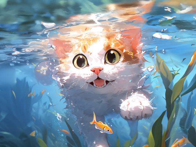 Аниме кот плавает в воде