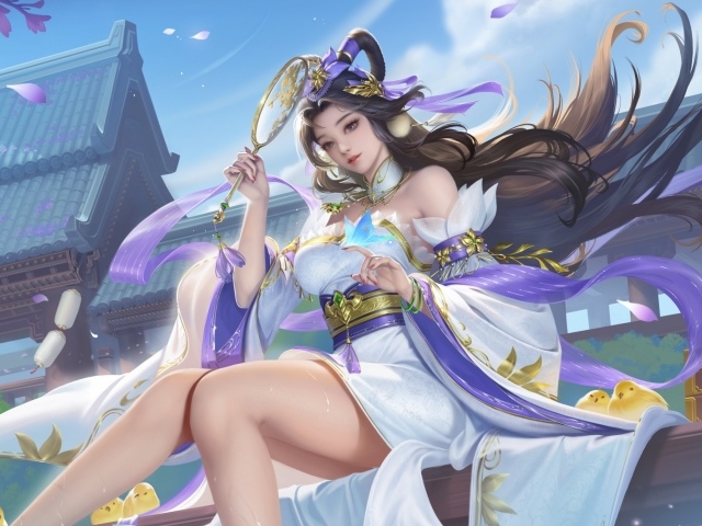 Девушка аниме в красивом платье с зеркалом