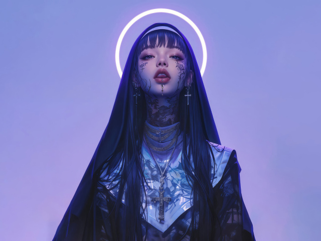 Девушка аниме в костюме монахини с татуировками на лице