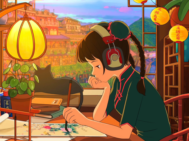 Девушка аниме в наушниках сидит за столом у окна