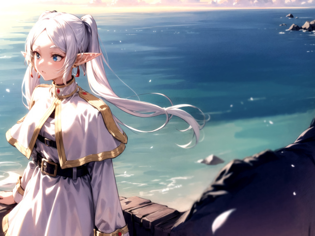 Девушка аниме на берегу у моря