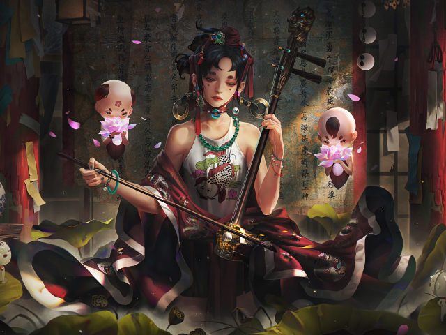 Девушка аниме играет на музыкальном инструменте