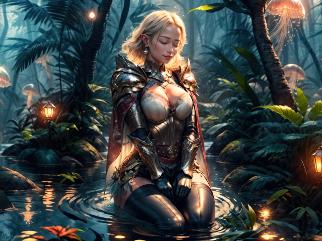 Девушка аниме сидит в воде в фантастическом лесу