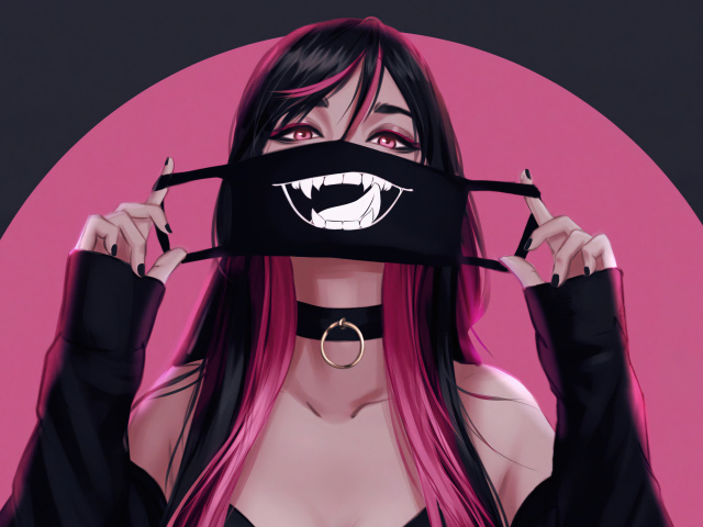 Девушка аниме с черной смешной маской на лице