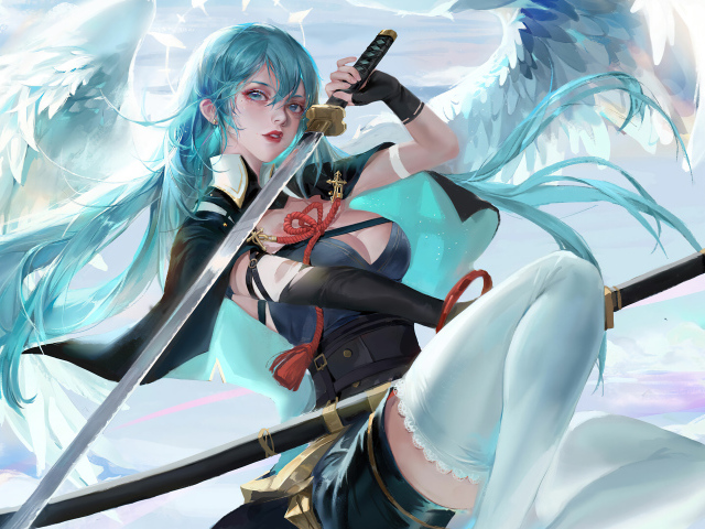 Девушка аниме с крыльями ангела с катаной в руках 