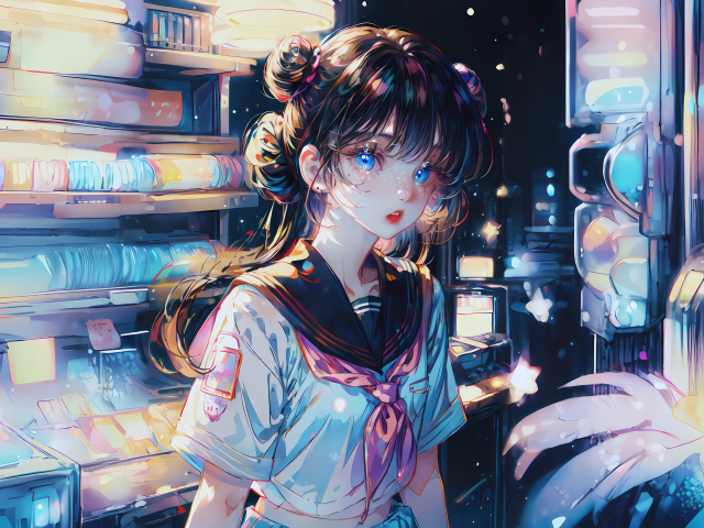 Девушка аниме с голубыми глазами в магазине