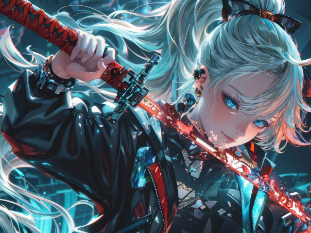 Девушка аниме с голубыми волосами держит катану