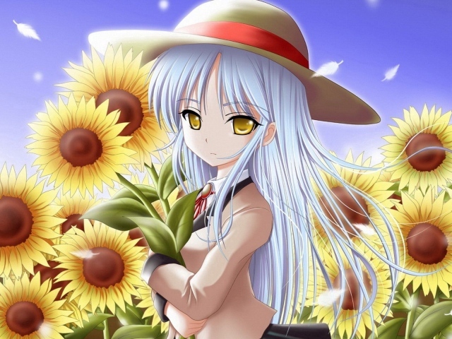 Девушка аниме с синими волосами на поле с подсолнухами