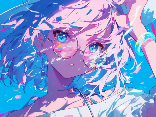 Аниме девушка в очках в лучах солнца на голубом фоне