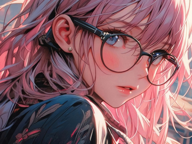 Девушка аниме с розовыми волосами в очках