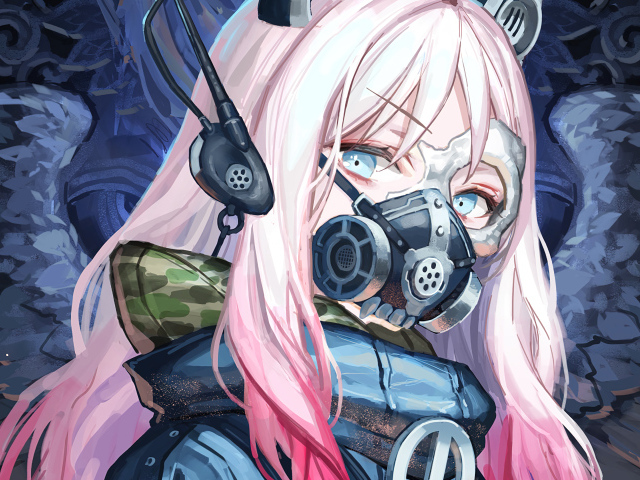 Девушка аниме с розовыми волосами с маской на лице