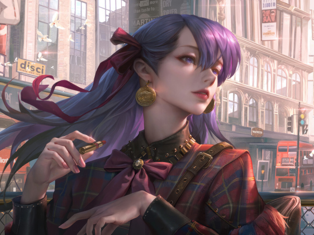 Девушка аниме с фиолетовыми волосами с помадой в руке