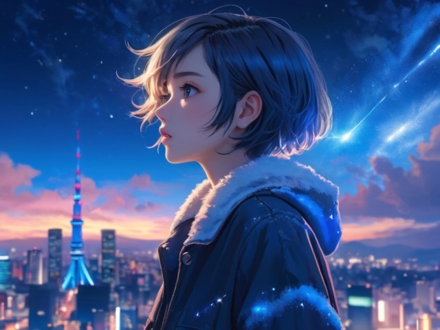 Девушка аниме с короткой стрижкой на фоне города