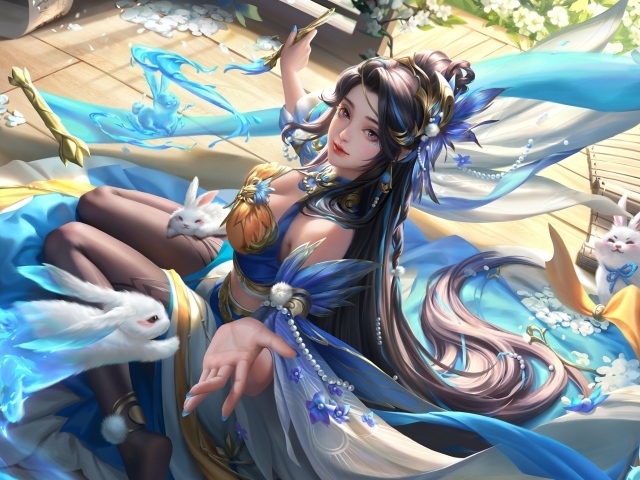 Девушка аниме с белыми кроликами