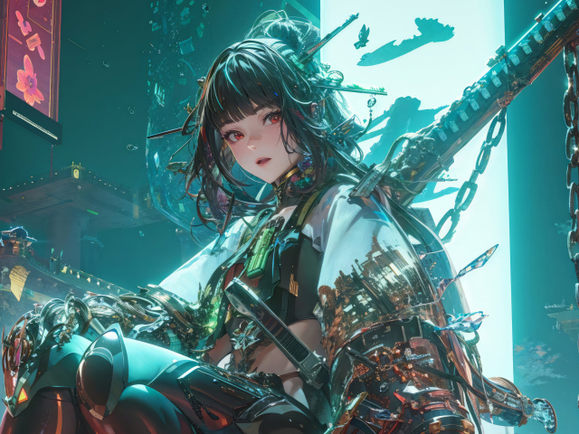 Девушка аниме самурай в городе