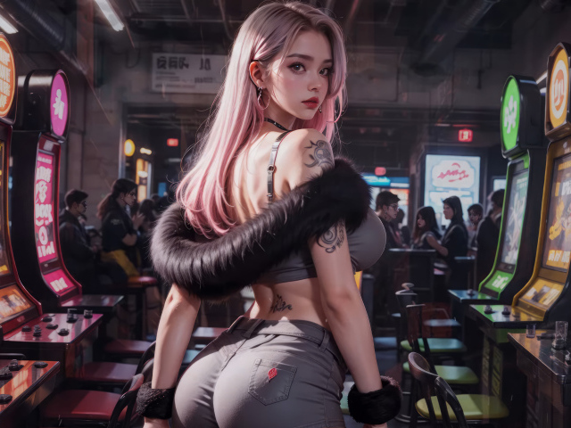 Красивая девушка аниме в зале с игровыми автоматами