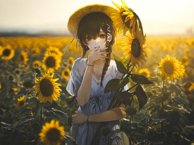 Милая девушка аниме на поле с подсолнухами