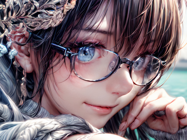 Милая голубоглазая аниме девушка в очках
