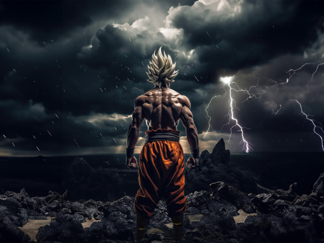 Гоку персонаж аниме на фоне грозового неба