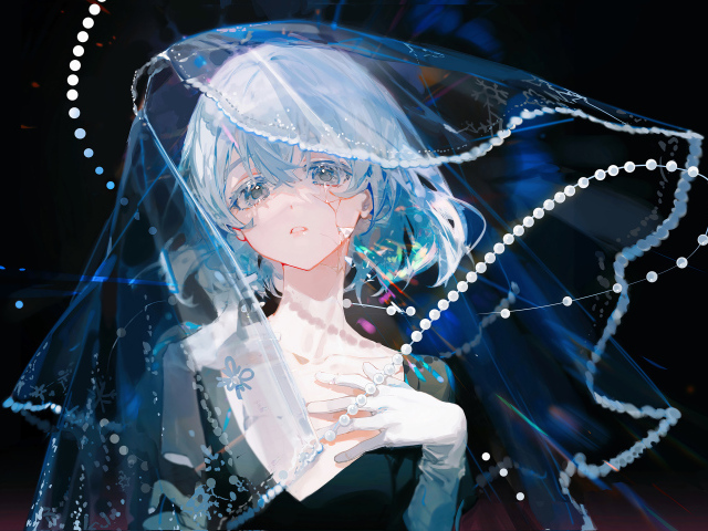 Грустная девушка аниме с фатой на лице