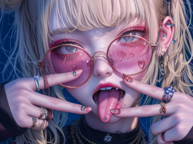 Дерзкая девушка аниме в розовых очках с высунутым языком