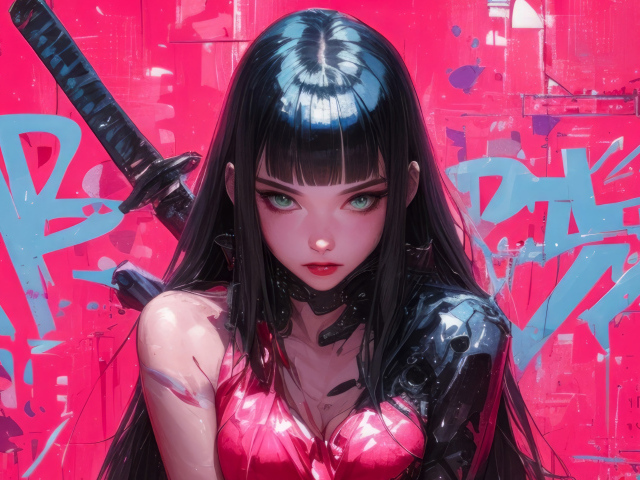 Суровая аниме девушка с катаной за спиной