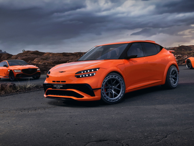 Автомобиль Genesis GV60 Magma Concept 2024 года на фоне грозового неба