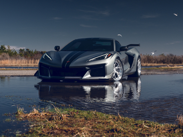 Серебристый Chevy Corvette Z06 стоит в воде